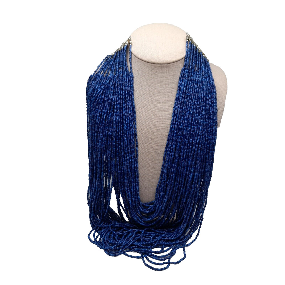 Chico's Blue Seed Bead Multistrand Necklace, 30", New With Tags, Silver Tone